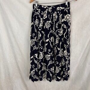 VTG Maren Navy Blue Floral Paisley Midi Skirt Elastic Waist Rayon Women's Medium